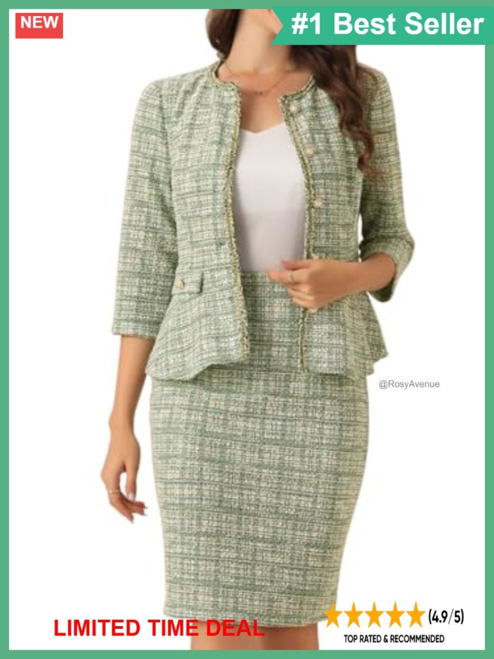 Tweed Skirt Suit Set 3/4 Sleeve Button Down Pencil Skirt Business Casual